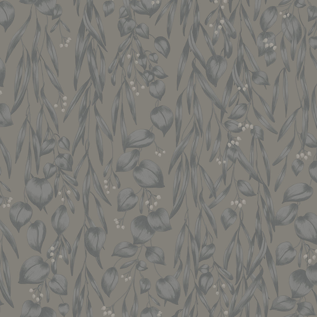 Sara wallpaper by Sandberg in grey, flat swatch of trailing eucalyptus foliage with pale berries on a soft mushroom-grey ground