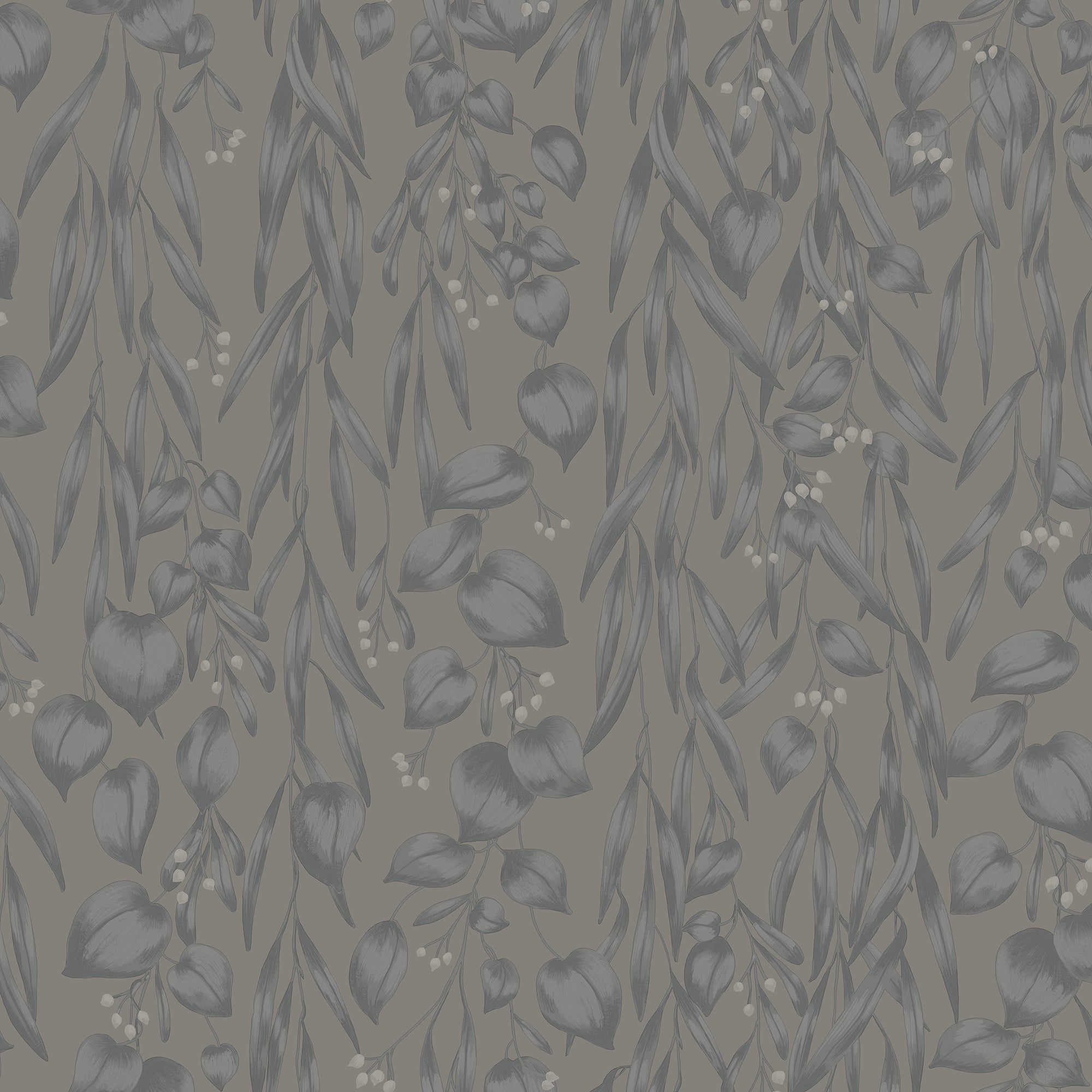 Sara wallpaper by Sandberg in grey, flat swatch of trailing eucalyptus foliage with pale berries on a soft mushroom-grey ground