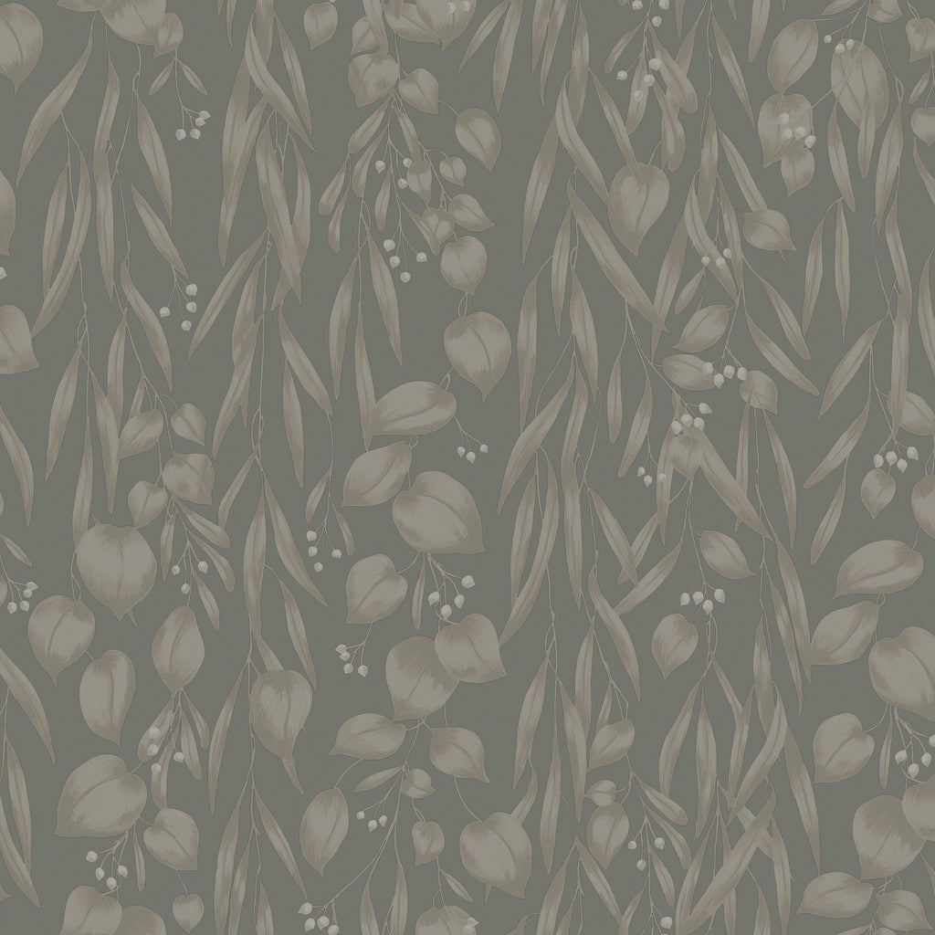 Sara wallpaper by Sandberg, flat swatch of draping eucalyptus leaves in soft beige on a muted olive-grey ground