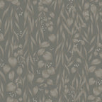 Sara wallpaper by Sandberg, flat swatch of draping eucalyptus leaves in soft beige on a muted olive-grey ground