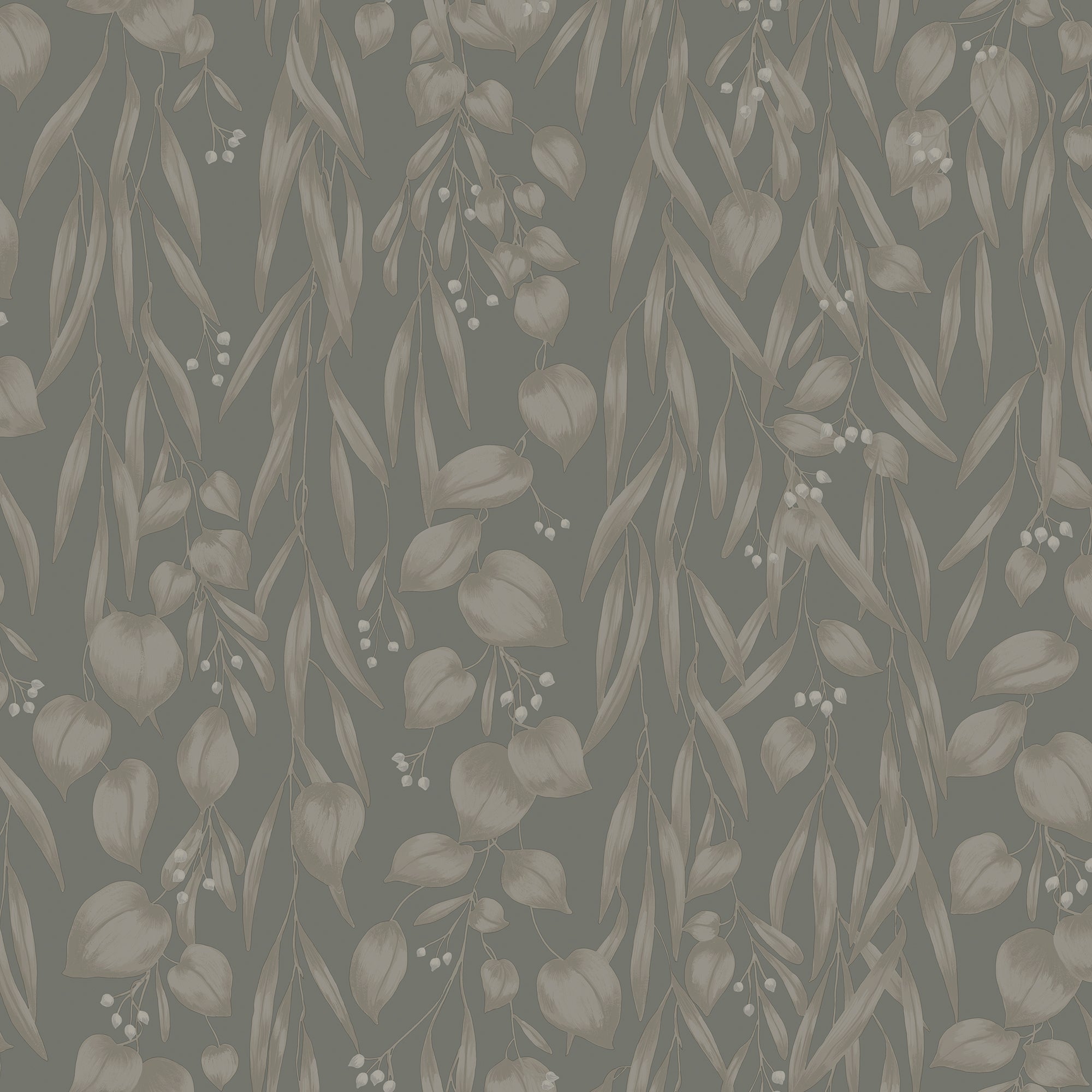 Sara wallpaper by Sandberg, flat swatch of draping eucalyptus leaves in soft beige on a muted olive-grey ground
