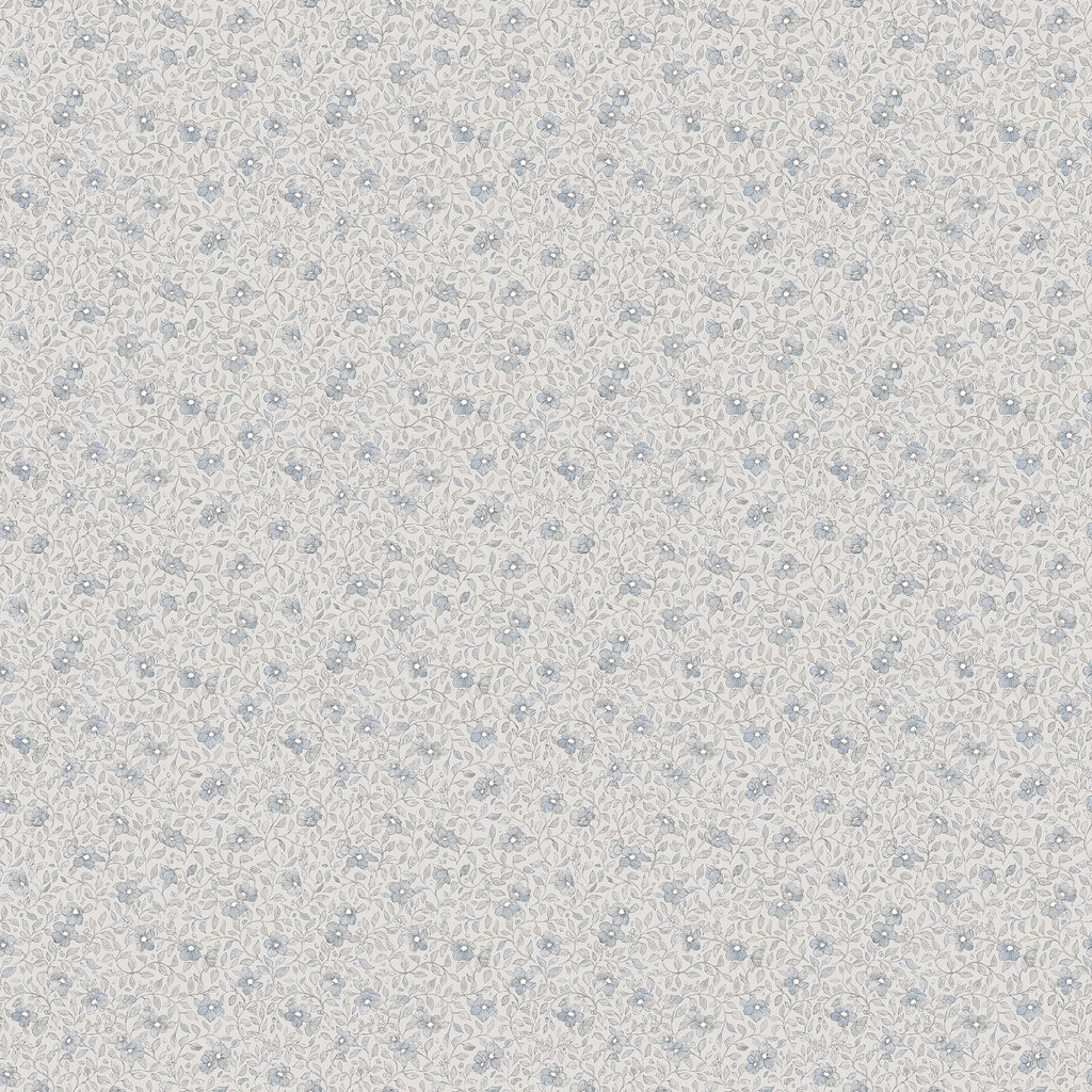 Stella wallpaper by Sandberg, flat swatch of a tiny ditsy floral with small blue flowers and fine foliage on a soft grey ground