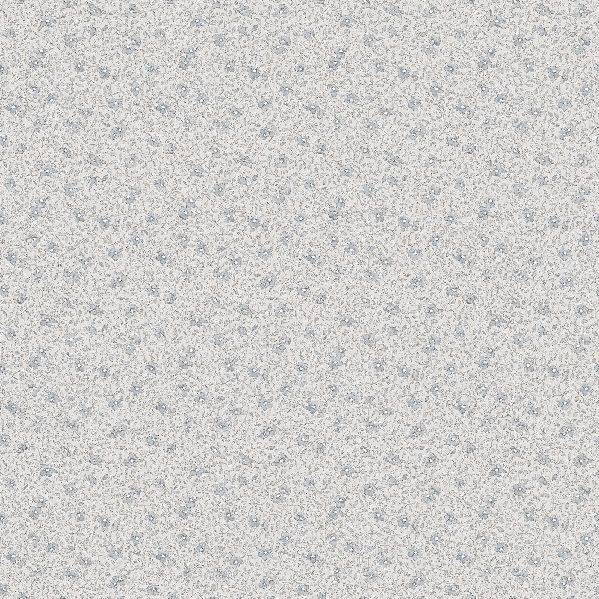 Stella wallpaper by Sandberg, flat swatch of a tiny ditsy floral with small blue flowers and fine foliage on a soft grey ground