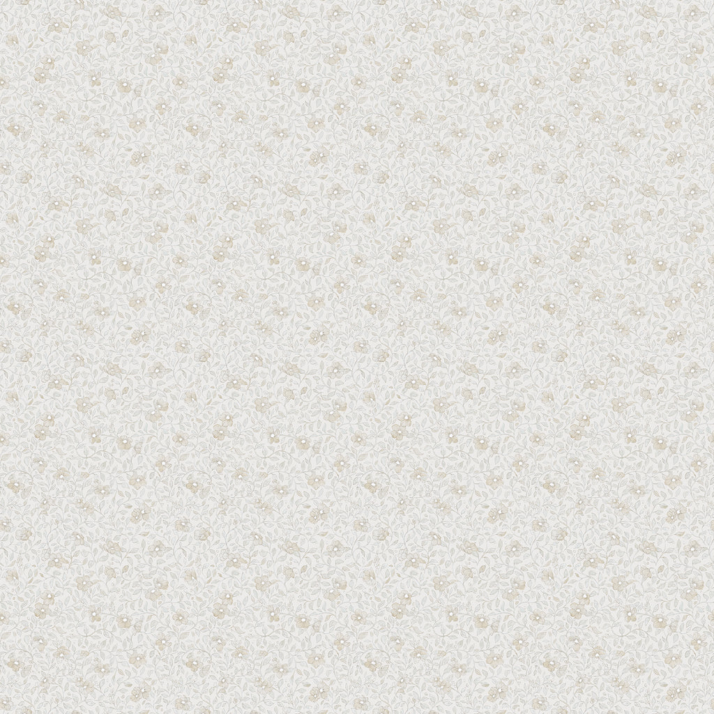 Stella wallpaper by Sandberg, flat swatch of a fine ditsy floral in soft greige on a near-white ground