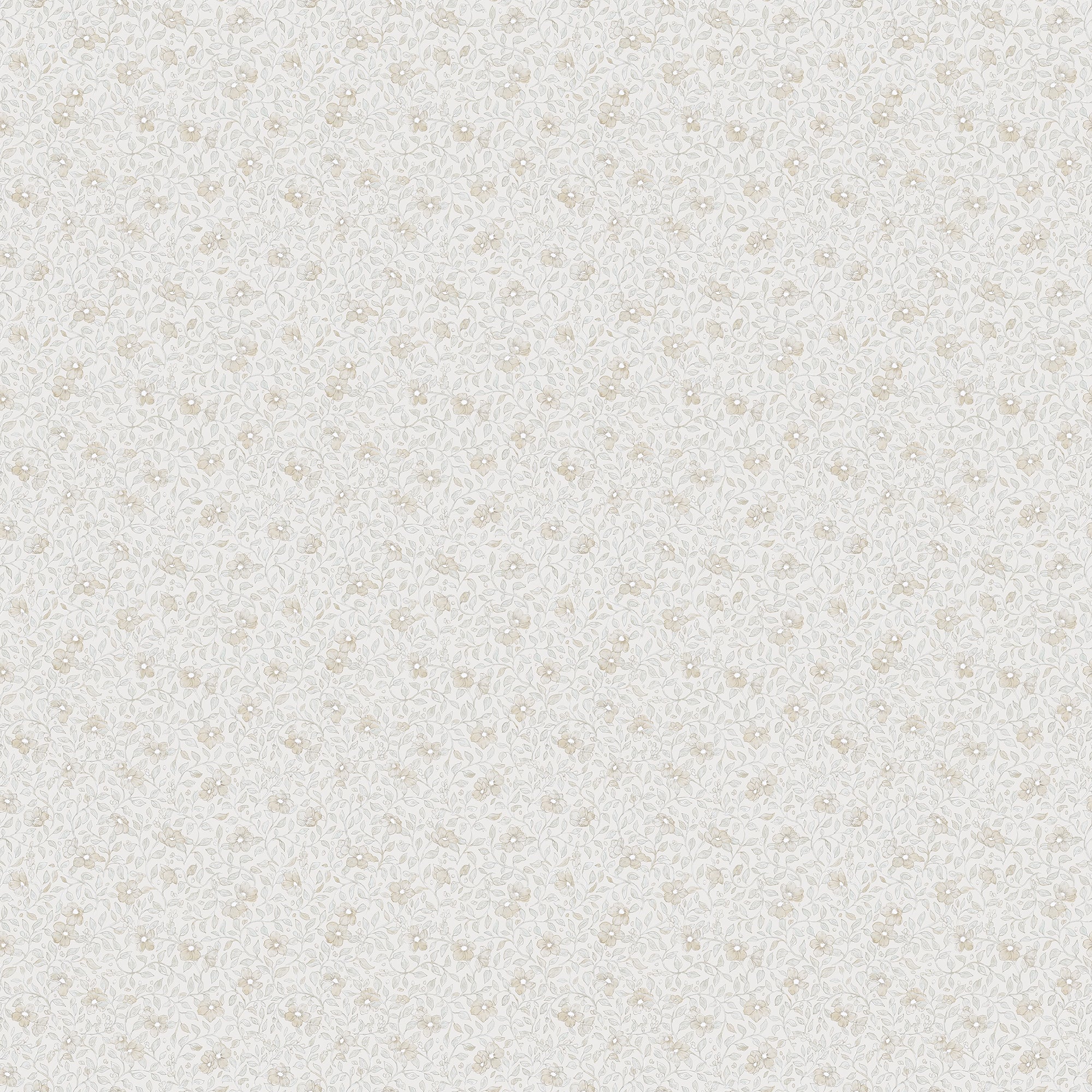 Stella wallpaper by Sandberg, flat swatch of a fine ditsy floral in soft greige on a near-white ground