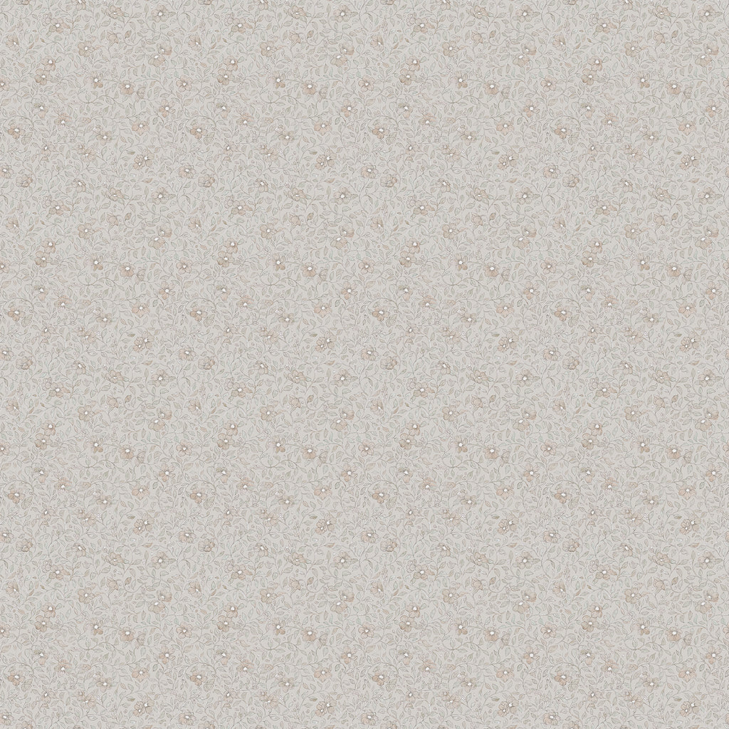 Stella wallpaper by Sandberg, flat swatch of a delicate small-scale floral in warm beige tones on cream