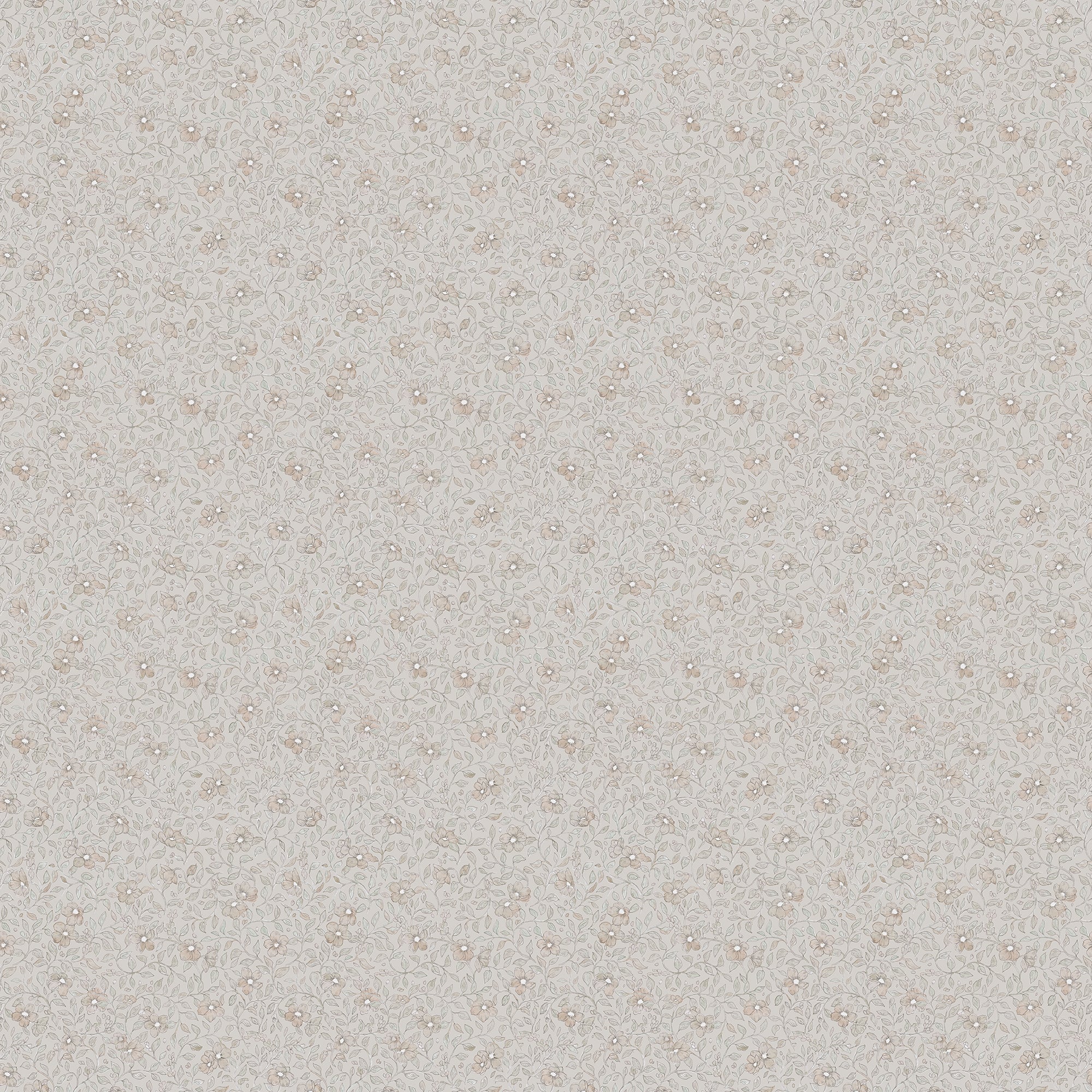 Stella wallpaper by Sandberg, flat swatch of a delicate small-scale floral in warm beige tones on cream