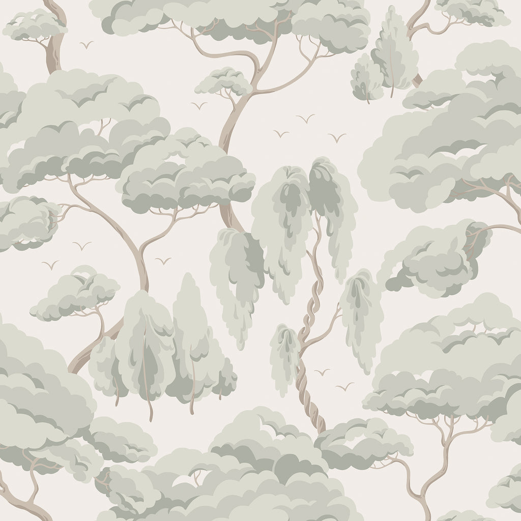 Kristoffer Forest wallpaper by Sandberg, flat swatch of pale sage windswept trees on cream