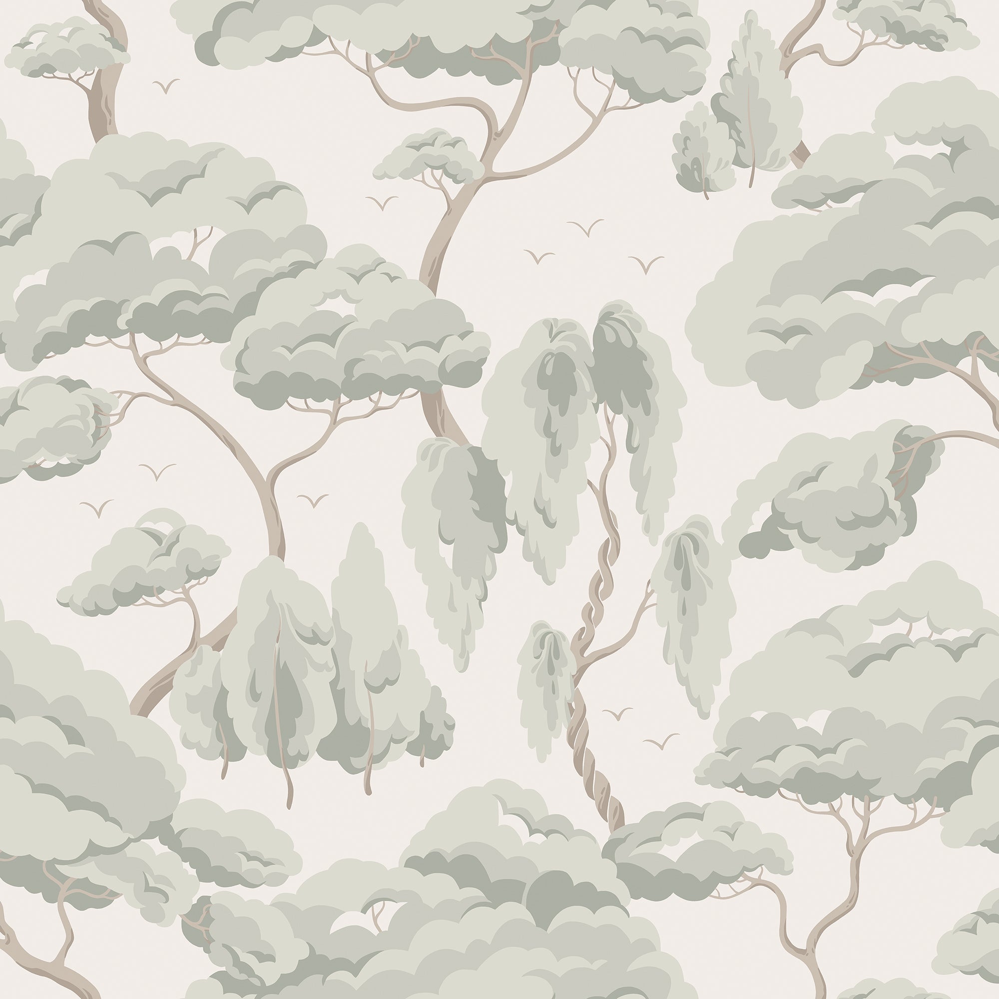 Kristoffer Forest wallpaper by Sandberg, flat swatch of pale sage windswept trees on cream