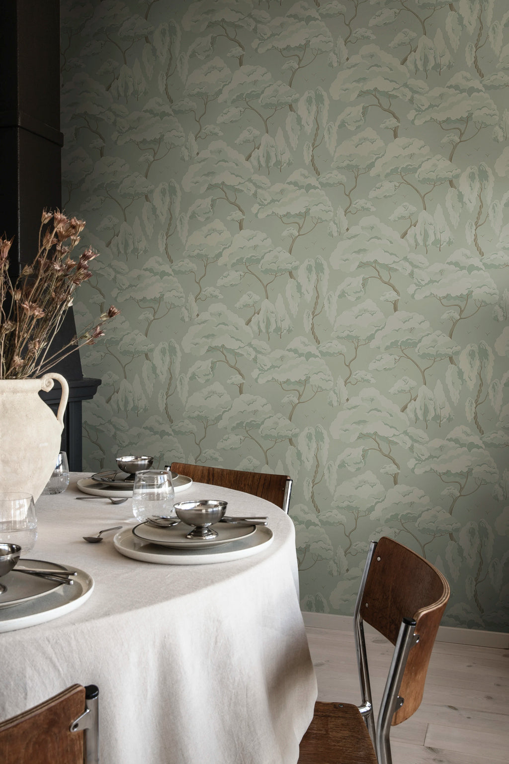 Kristoffer wallpaper by Sandberg – Sage Green colourway, styled in a second room setting