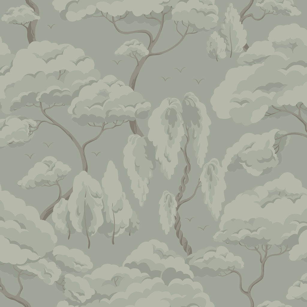 Kristoffer Forest wallpaper by Sandberg, flat swatch of muted grey-green windswept trees, tonal
