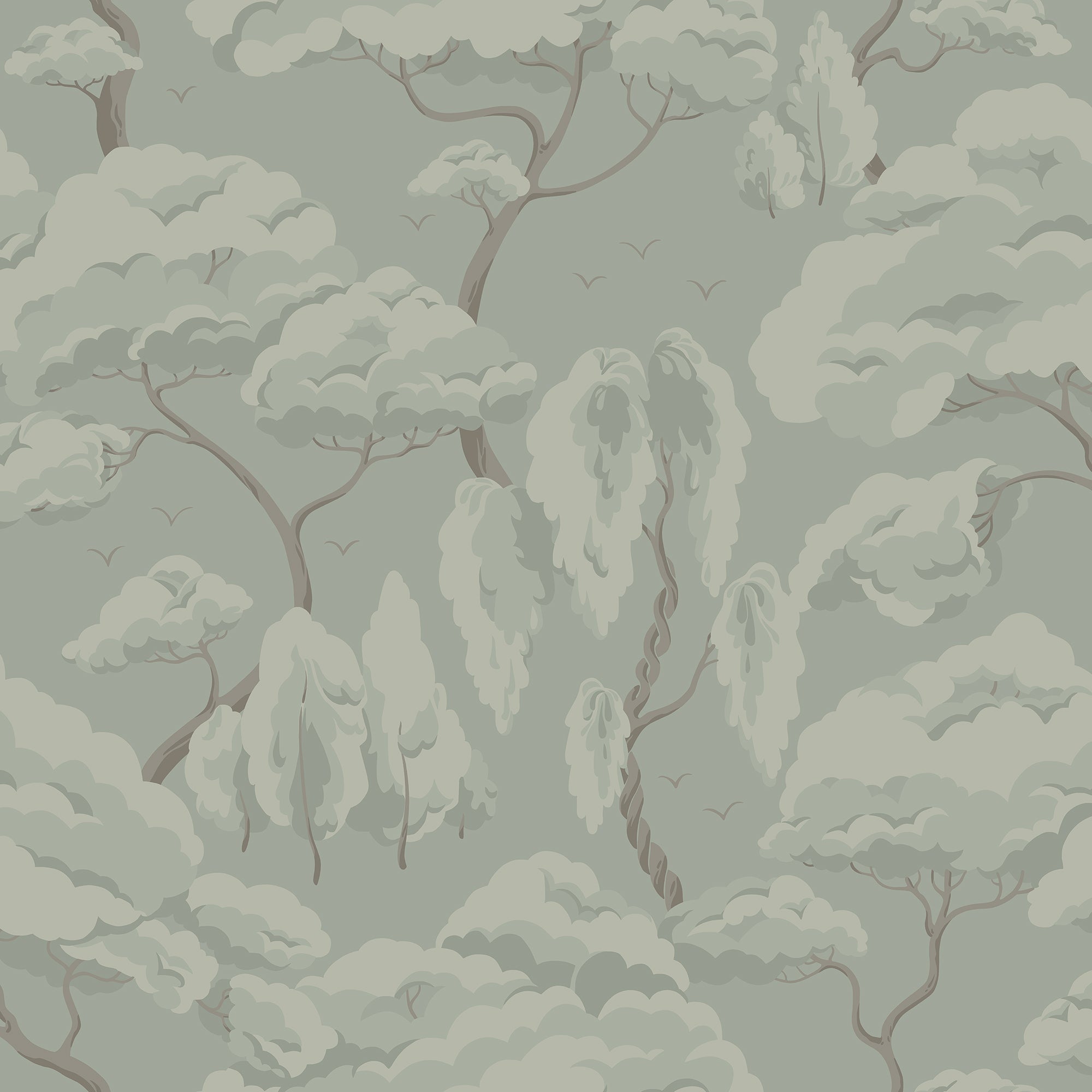 Kristoffer Forest wallpaper by Sandberg, flat swatch of muted grey-green windswept trees, tonal