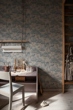 Kristoffer wallpaper by Sandberg in Misty Blue, styled on an interior wall