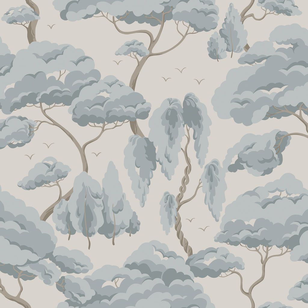 Kristoffer Forest wallpaper by Sandberg, flat swatch of soft blue windswept trees on pale grey