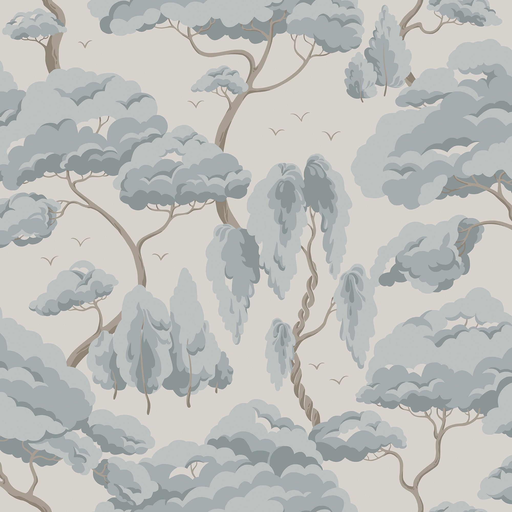Kristoffer Forest wallpaper by Sandberg, flat swatch of soft blue windswept trees on pale grey