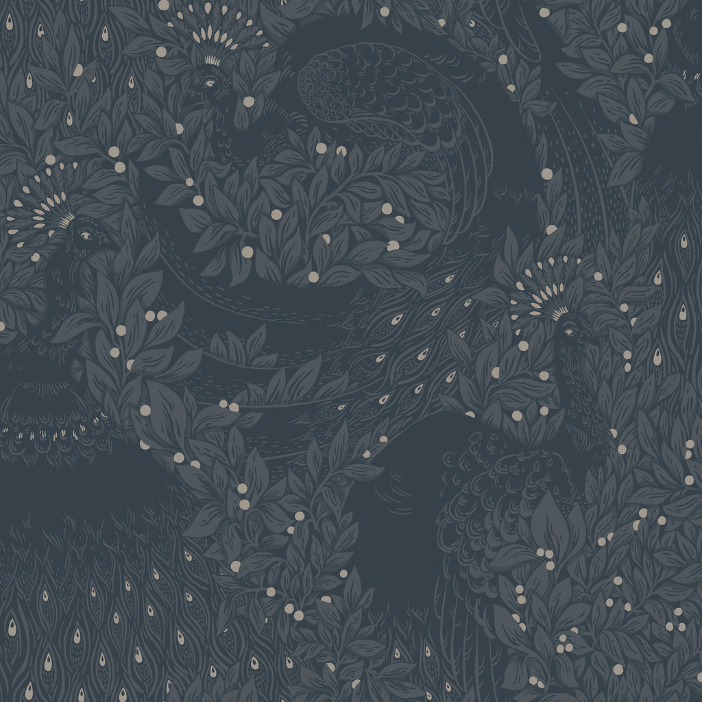 Evelina wallpaper by Sandberg, ornate peacocks among foliage and berries in slate blue and charcoal, flat swatch