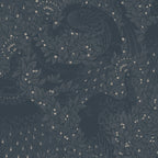 Evelina wallpaper by Sandberg, ornate peacocks among foliage and berries in slate blue and charcoal, flat swatch