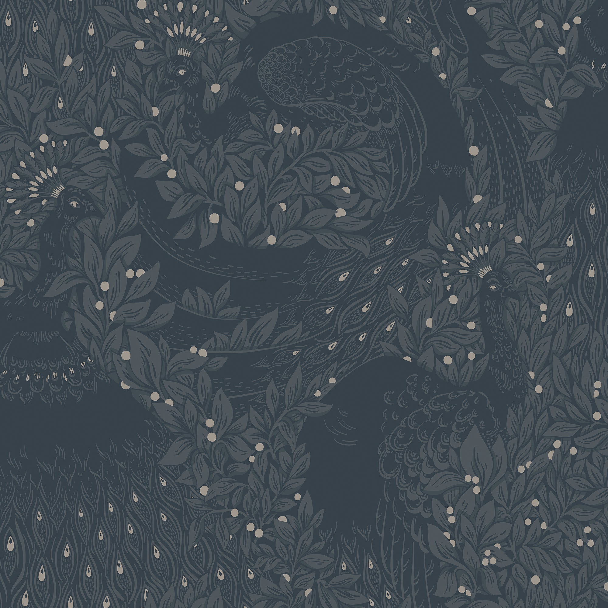 Evelina wallpaper by Sandberg, ornate peacocks among foliage and berries in slate blue and charcoal, flat swatch