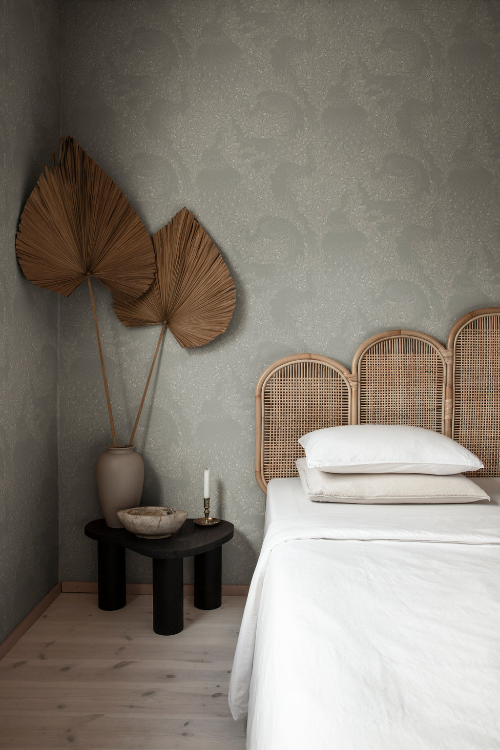 Evelina wallpaper by Sandberg in Sage Green, styled on an interior wall