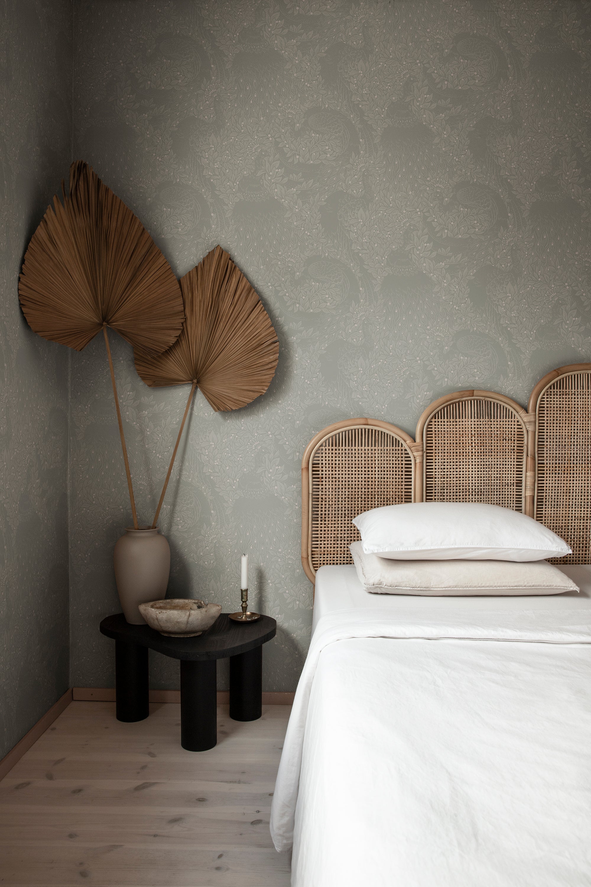 Evelina wallpaper by Sandberg in Sage Green, styled on an interior wall