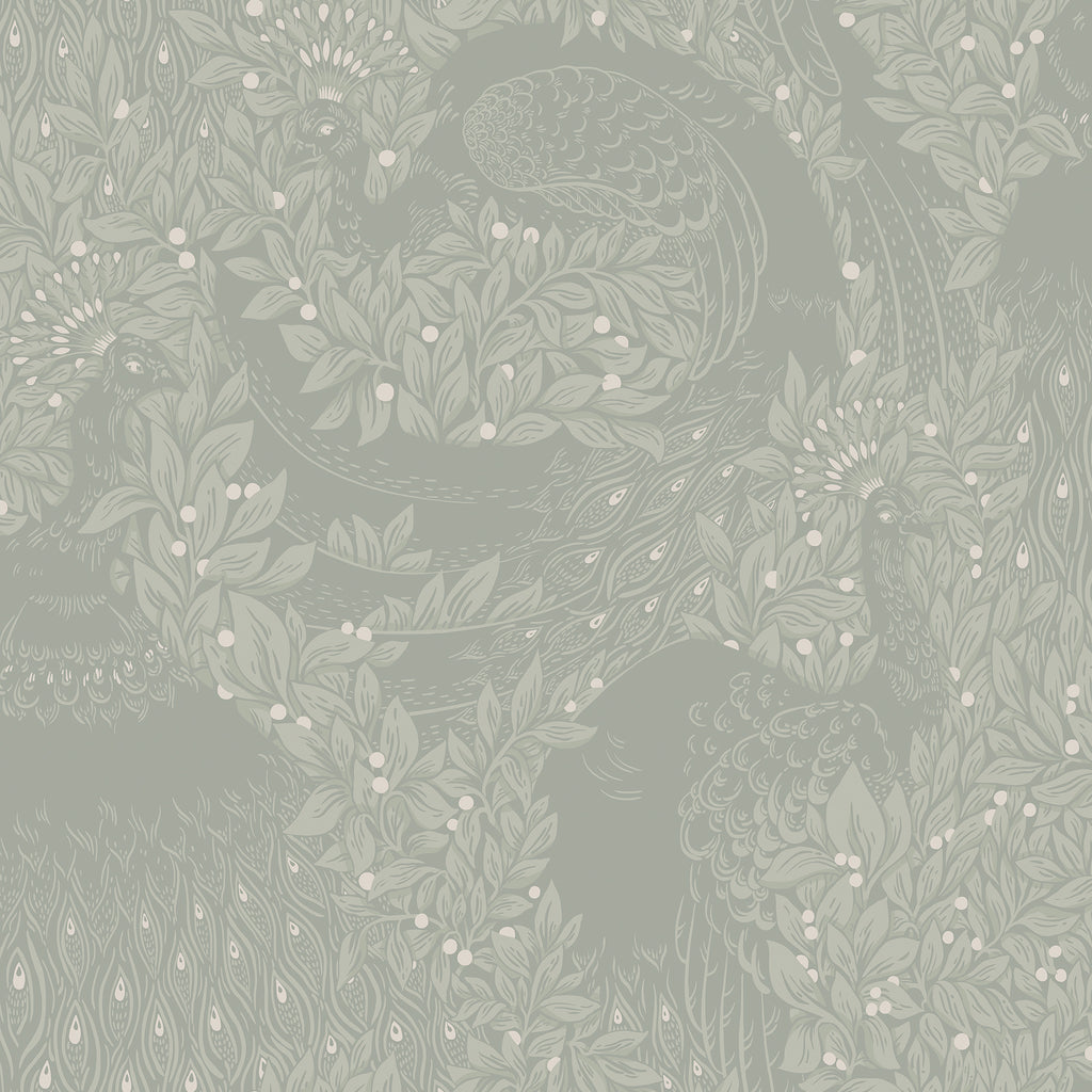 Evelina wallpaper by Sandberg in soft sage green, tonal peacocks among leafy branches, flat swatch