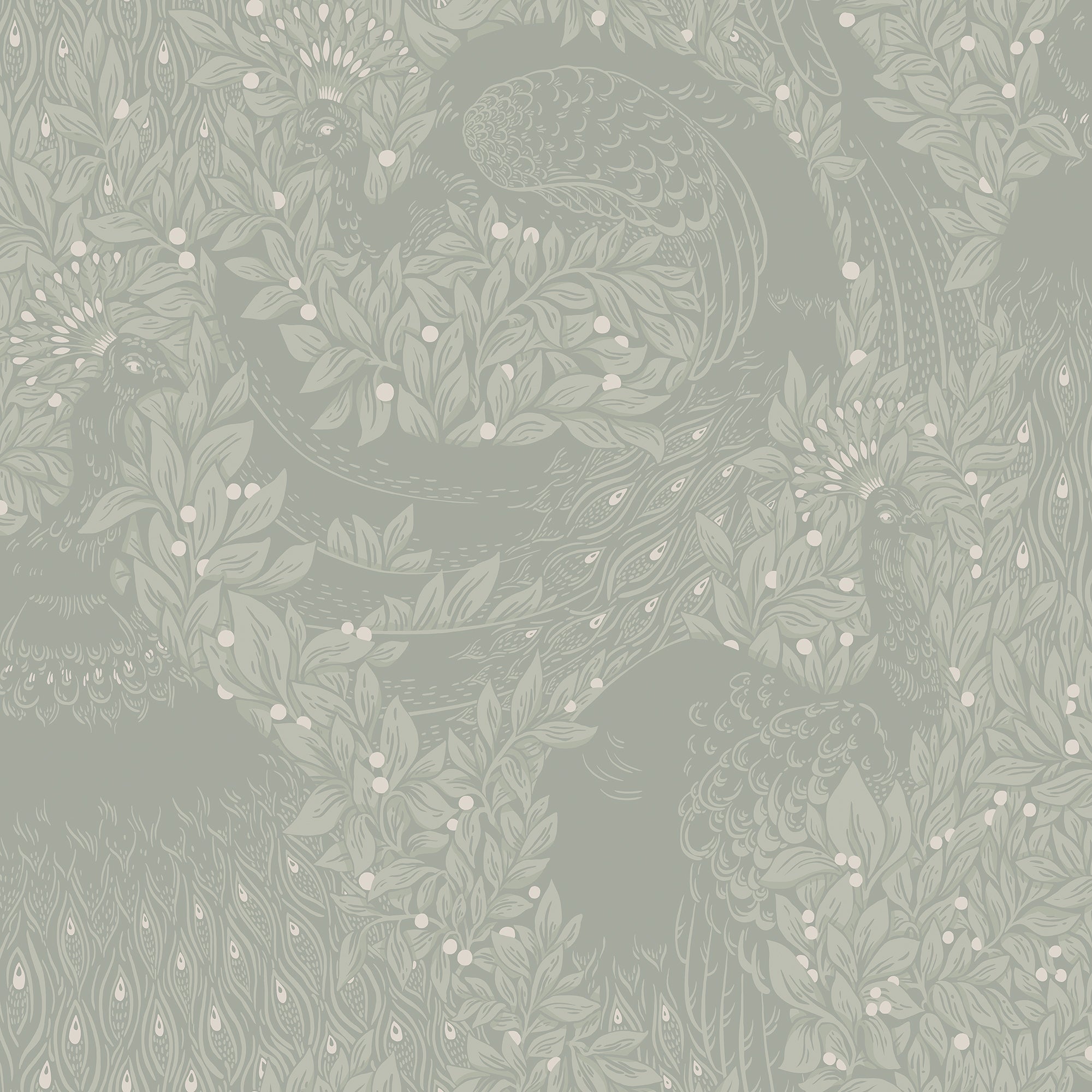 Evelina wallpaper by Sandberg in soft sage green, tonal peacocks among leafy branches, flat swatch