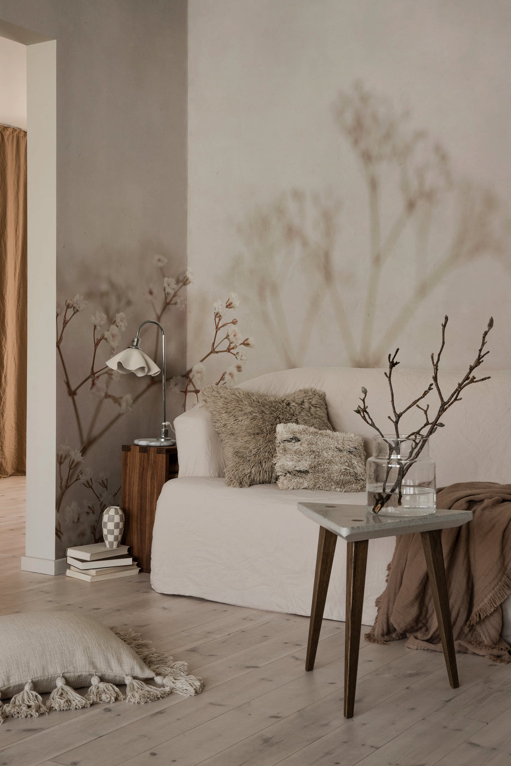 Julia wall mural by Sandberg – floral design, Pink – Blush – styled in a room setting, view 3