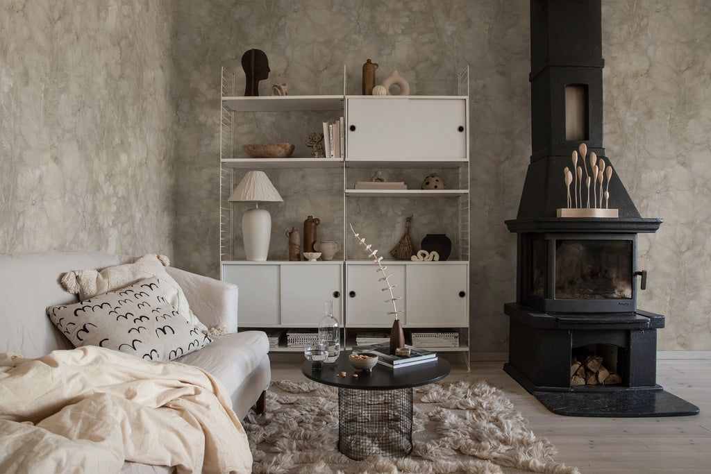 Monica wall mural by Sandberg – abstract design, Brown – Hazel – styled in a room setting