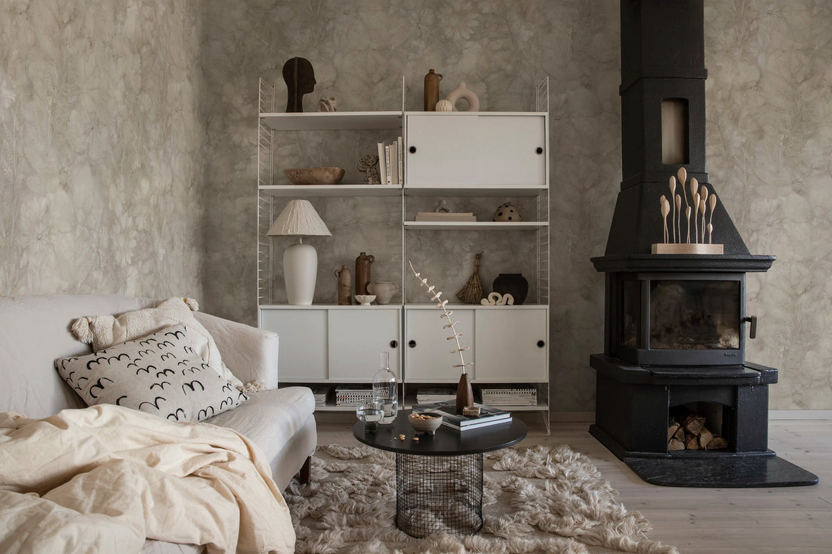 Monica wall mural by Sandberg – abstract design, Brown – Hazel – styled in a room setting