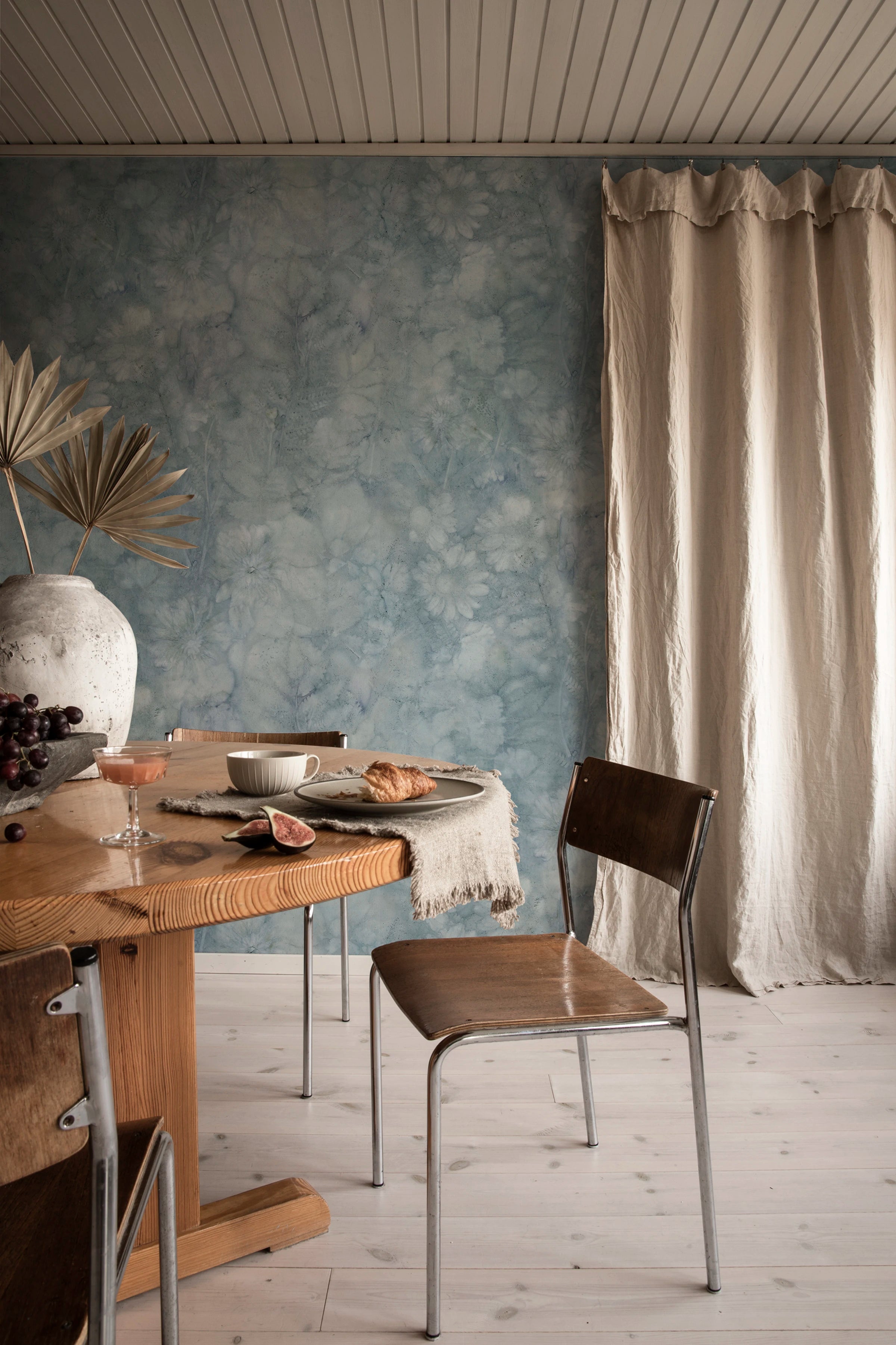 Monica wall mural by Sandberg – abstract design, Blue – Misty Blue – styled in a room setting, view 3