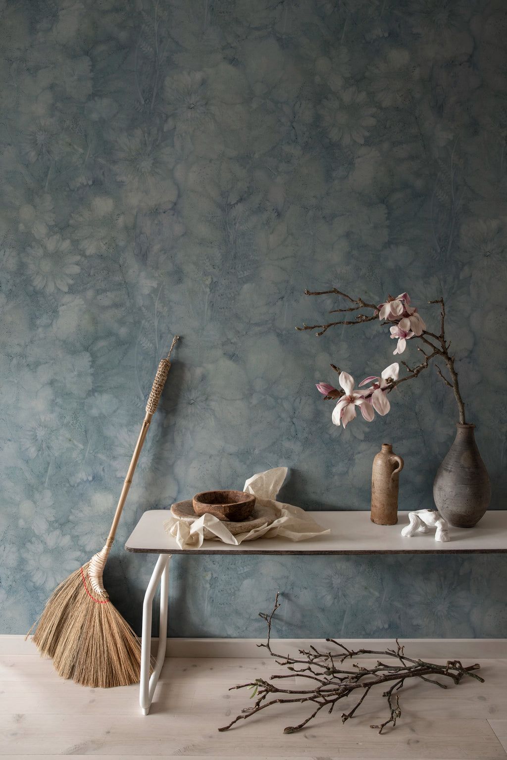 Monica wall mural by Sandberg – abstract design, Blue – Misty Blue – styled in a room setting, view 4