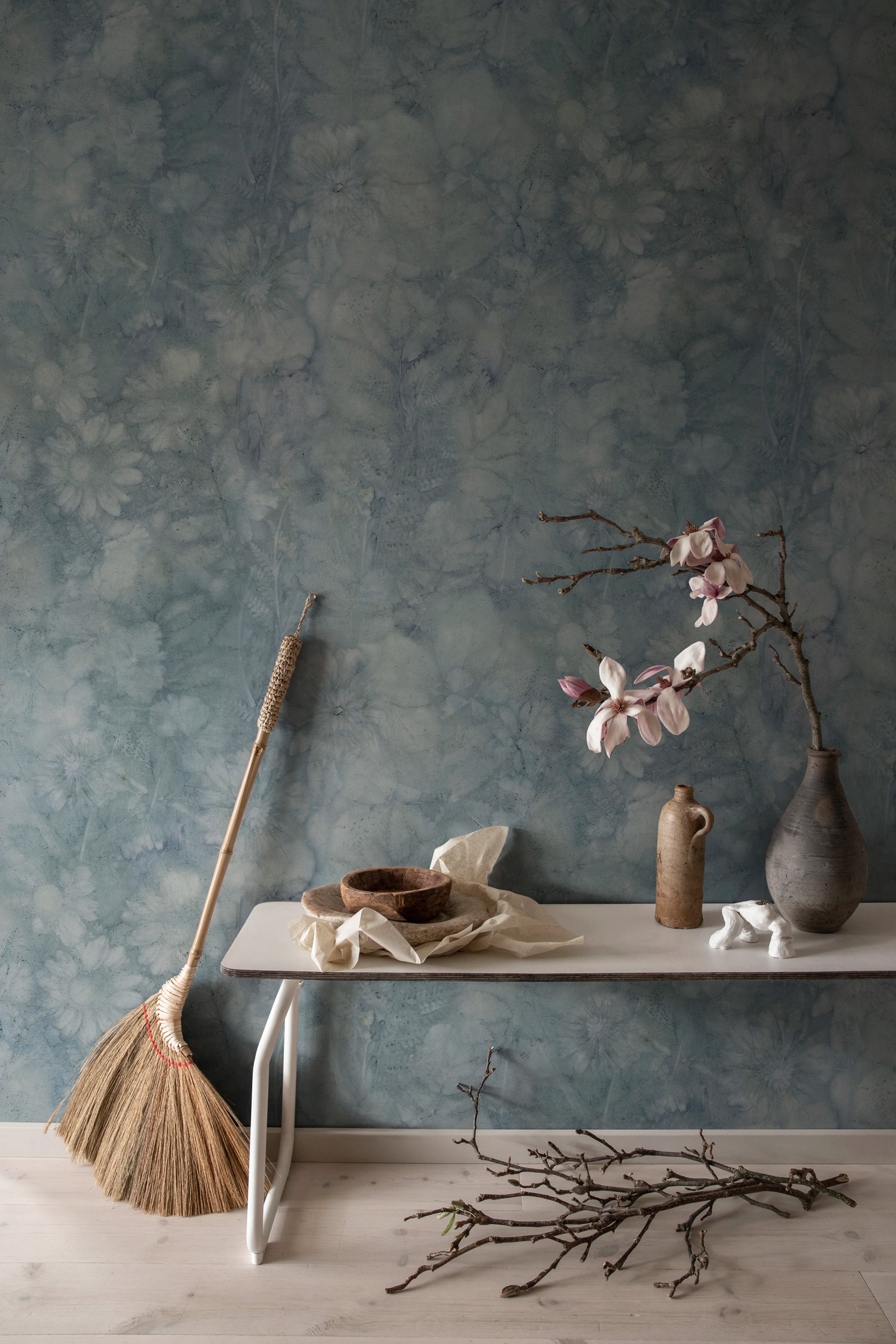 Monica wall mural by Sandberg – abstract design, Blue – Misty Blue – styled in a room setting, view 4