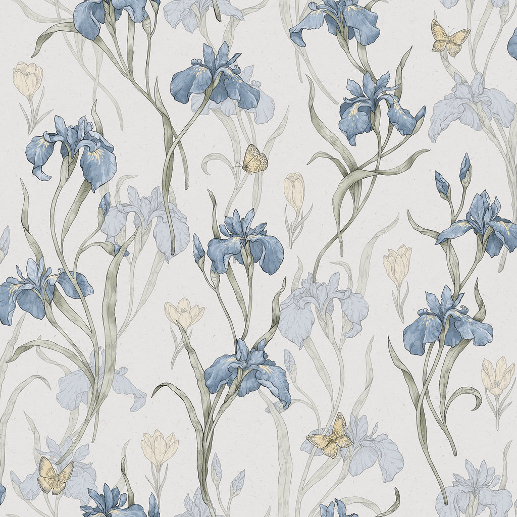 Iris wallpaper by Sandberg, flat swatch of blue irises with butterflies and green stems on a pale cream background