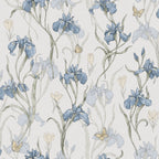 Iris wallpaper by Sandberg, flat swatch of blue irises with butterflies and green stems on a pale cream background