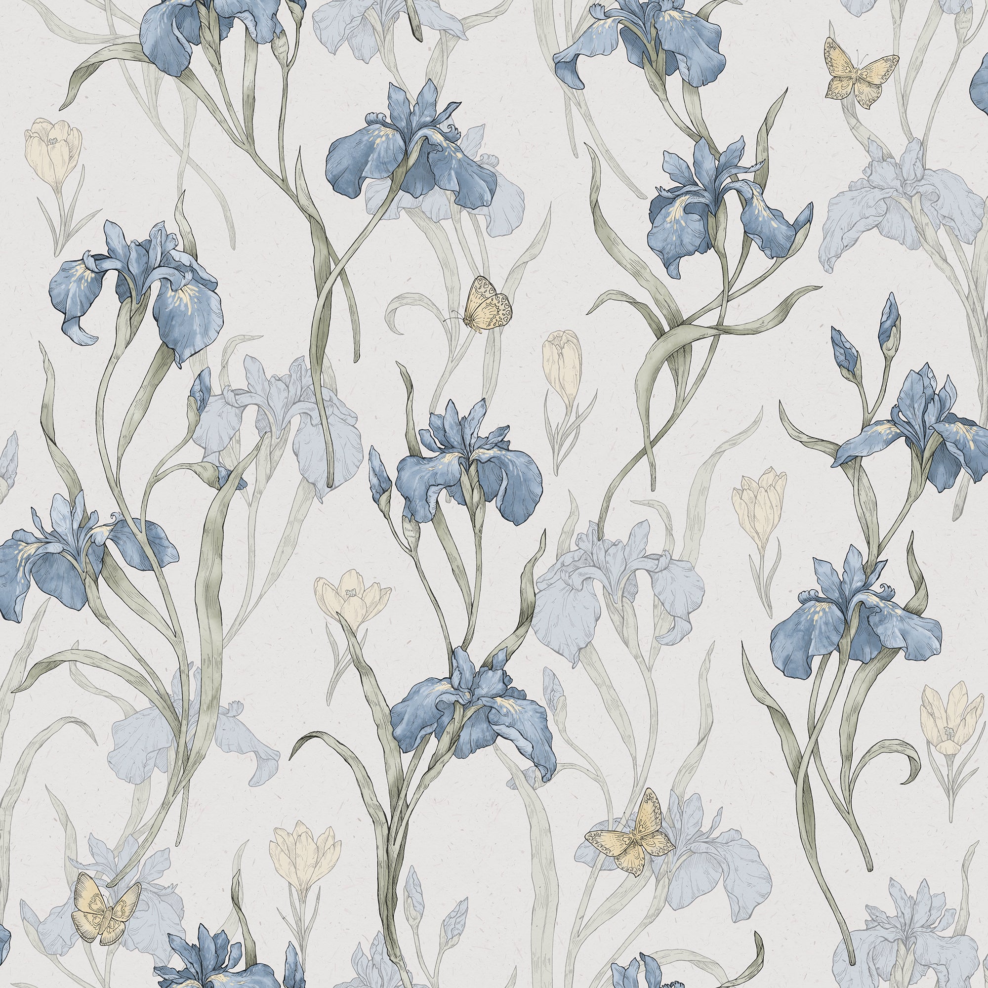 Iris wallpaper by Sandberg, flat swatch of blue irises with butterflies and green stems on a pale cream background