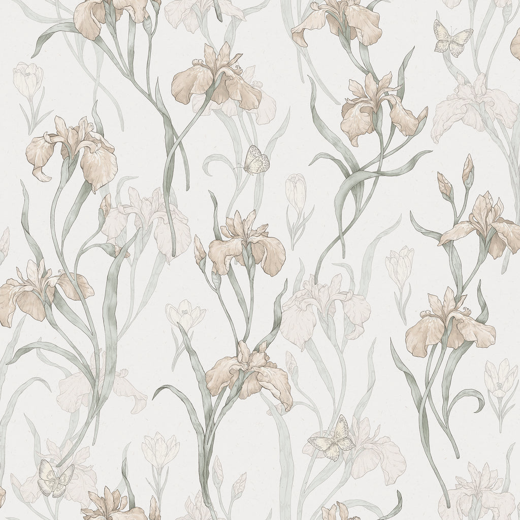 Iris wallpaper by Sandberg, flat swatch of delicate irises and butterflies in muted blush and sage on a soft off-white ground