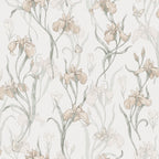 Iris wallpaper by Sandberg, flat swatch of delicate irises and butterflies in muted blush and sage on a soft off-white ground