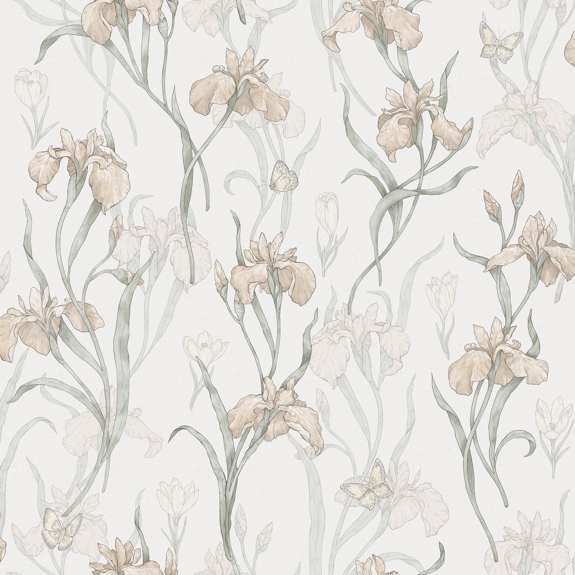 Iris wallpaper by Sandberg, flat swatch of delicate irises and butterflies in muted blush and sage on a soft off-white ground