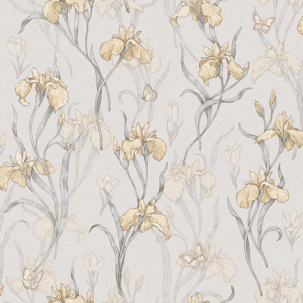 Iris wallpaper by Sandberg, flat swatch of trailing irises and butterflies in soft gold and grey-green on a pale stone background