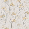Iris wallpaper by Sandberg, flat swatch of trailing irises and butterflies in soft gold and grey-green on a pale stone background