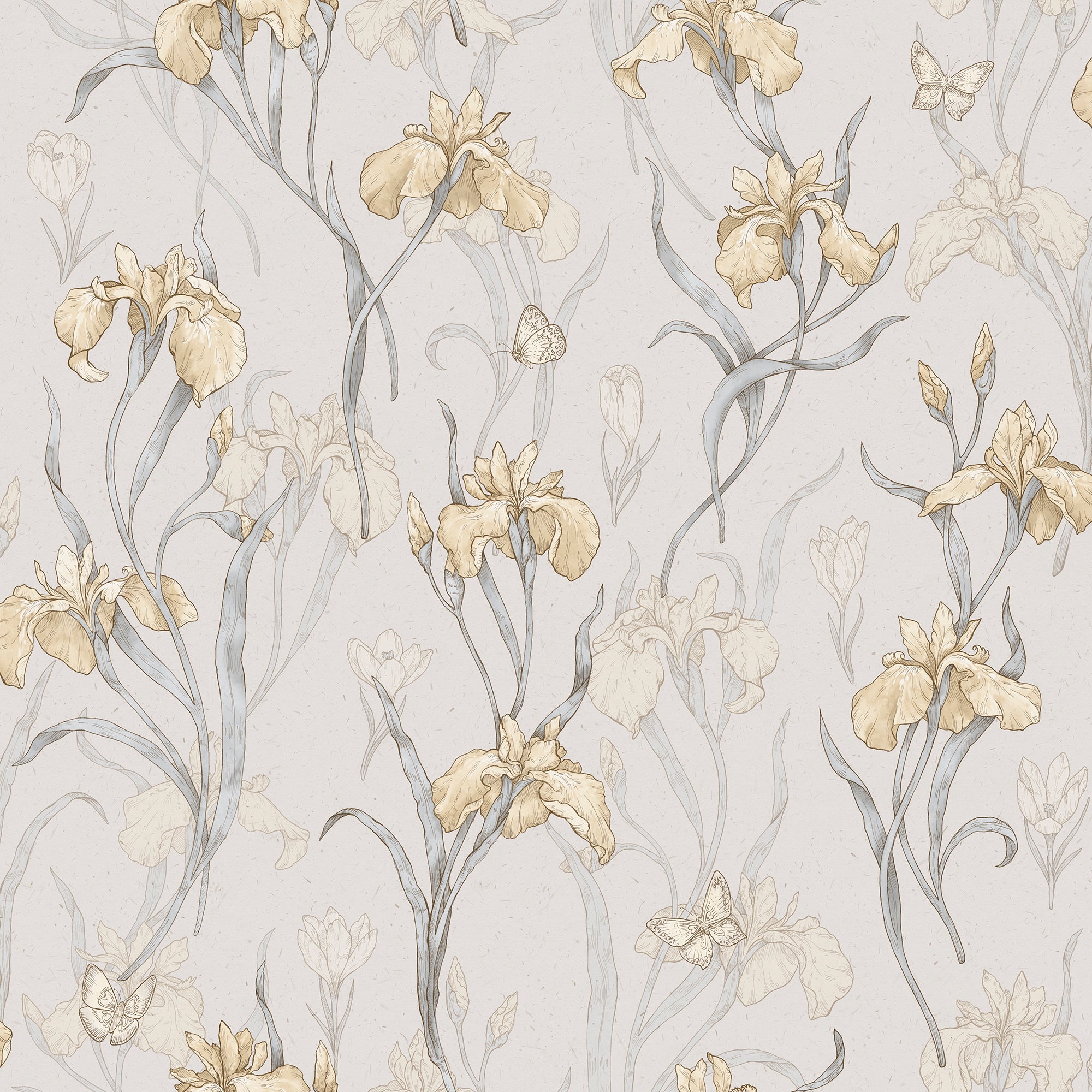 Iris wallpaper by Sandberg, flat swatch of trailing irises and butterflies in soft gold and grey-green on a pale stone background