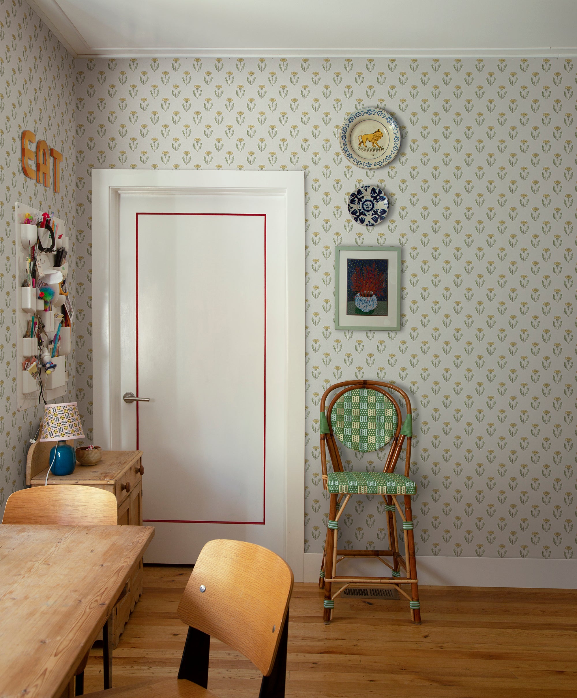 Maskrosen wallpaper by Sandberg in Spring Green, styled on an interior wall