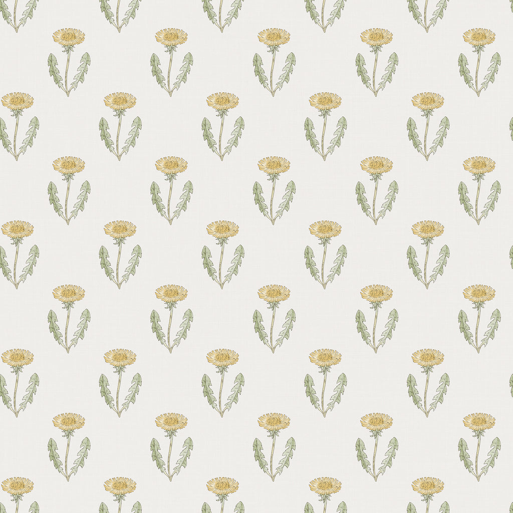 Maskrosen wallpaper by Sandberg, flat swatch of soft yellow dandelion motifs with sage leaves on a cream ground