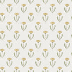 Maskrosen wallpaper by Sandberg, flat swatch of soft yellow dandelion motifs with sage leaves on a cream ground