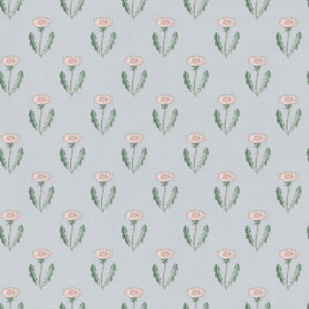 Maskrosen wallpaper by Sandberg, flat swatch of dandelion blooms in pink with green leaves on a pale grey-blue ground