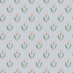 Maskrosen wallpaper by Sandberg, flat swatch of dandelion blooms in pink with green leaves on a pale grey-blue ground