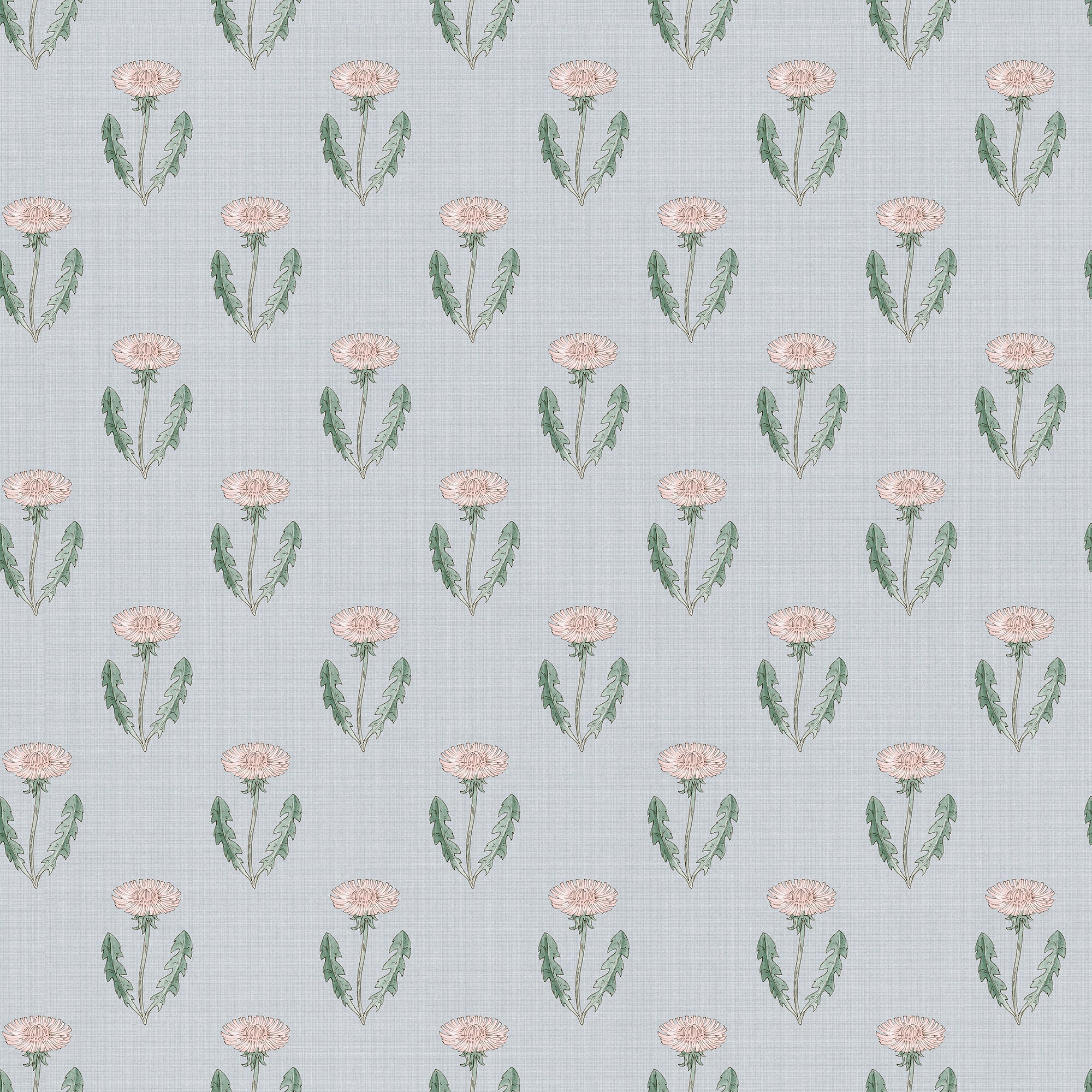 Maskrosen wallpaper by Sandberg, flat swatch of dandelion blooms in pink with green leaves on a pale grey-blue ground