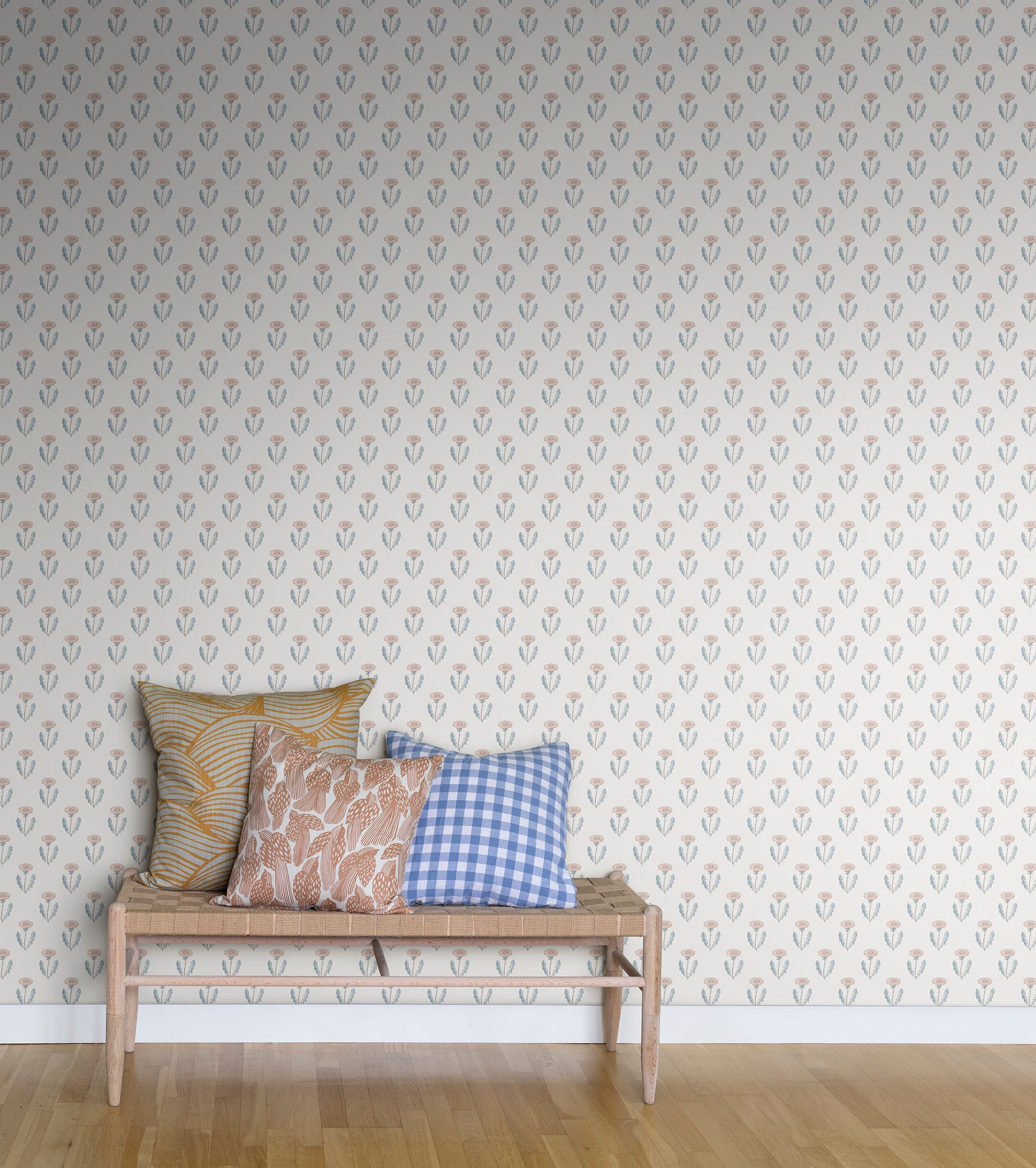Maskrosen wallpaper by Sandberg in Pink, styled on an interior wall