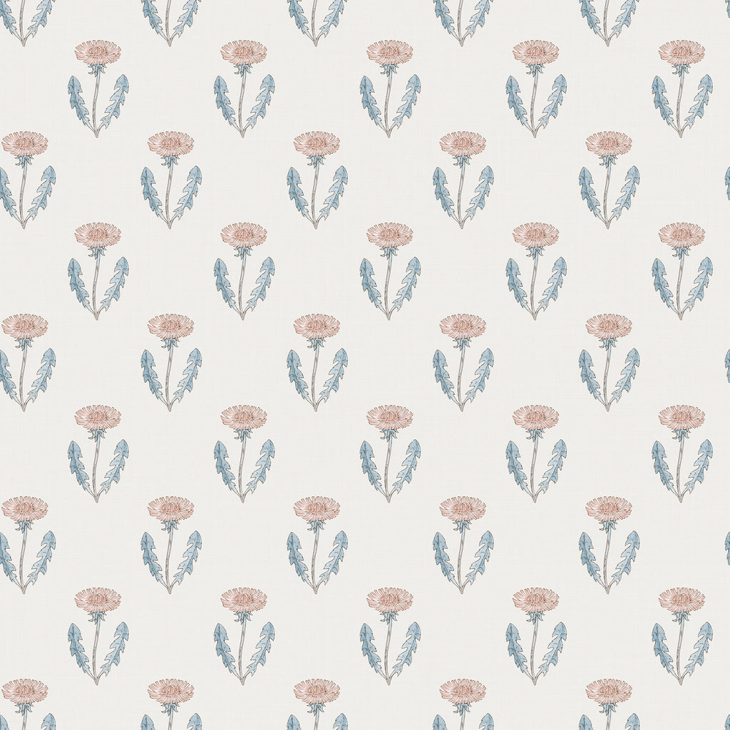 Maskrosen wallpaper by Sandberg, flat swatch of stylised dandelion motifs in blush pink and dusty blue on a cream ground