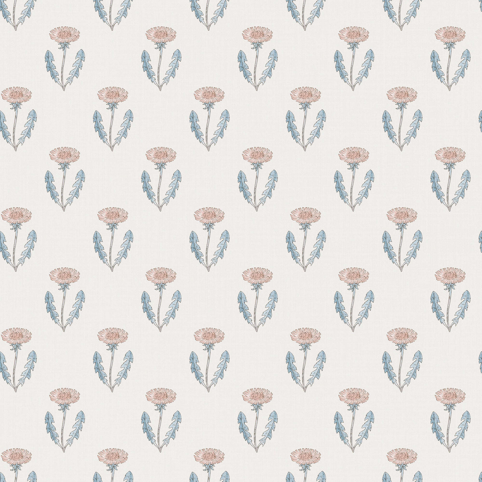 Maskrosen wallpaper by Sandberg, flat swatch of stylised dandelion motifs in blush pink and dusty blue on a cream ground
